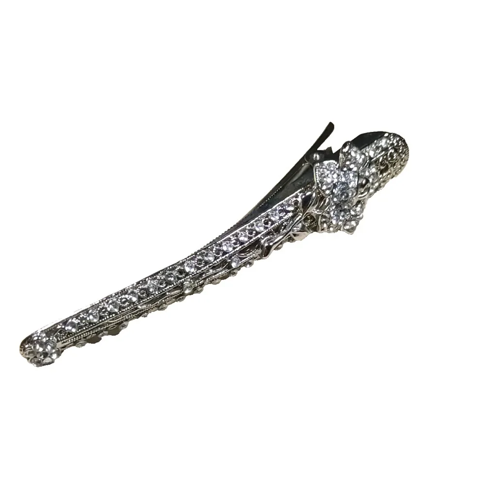 Hair Clip Barrette Silver Tone Rose Rhinestone Elegant Feminine